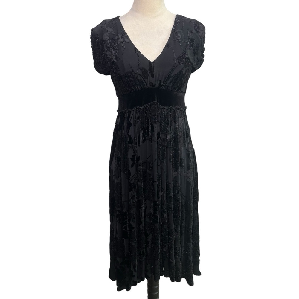 Black Velvet Shimmer Dark Romantic Midi Dress Size 4 Regency Feminine Formal